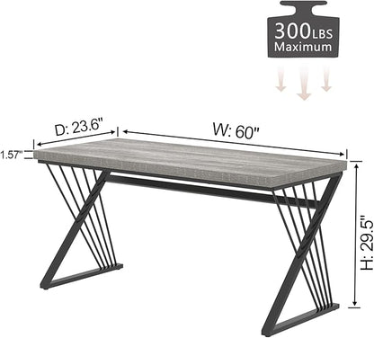 FOLUBAN Modern Desk, Rustic Wood and Metal Computer Desks for Home Office, Simple Study Writing Work Table for Bedroom Living Room, Light Grey, 60 Inch