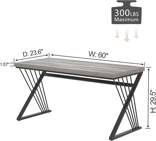 FOLUBAN Modern Desk, Rustic Wood and Metal Computer Desks for Home Office, Simple Study Writing Work Table for Bedroom Living Room, Light Grey, 60 Inch