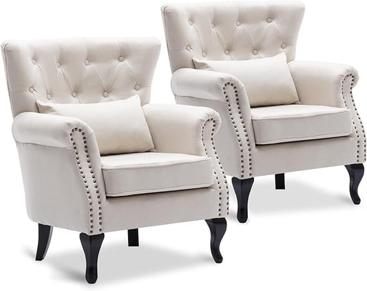 Accent Reading Arm Chairs Set of 2 for Living Room Bedroom, Midcentury Modern Comfy Corner Sofa Chair, Wingback Waiting Room Club Chair with Button Tufted Back &Lumbar Pillow, Linen Beige