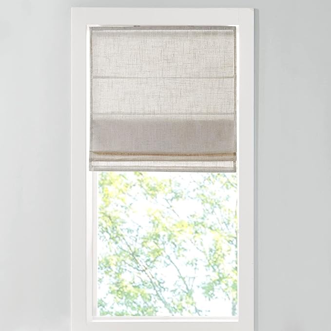 Madison Park Kyler Cordless Roman Shades - Single Panel, Lightweight Linen Blend Fabric, Natural Design, Easy Installation, Light Filtering Window Blind, Bedroom, Living Room Decor 35"W x 64"H Natural