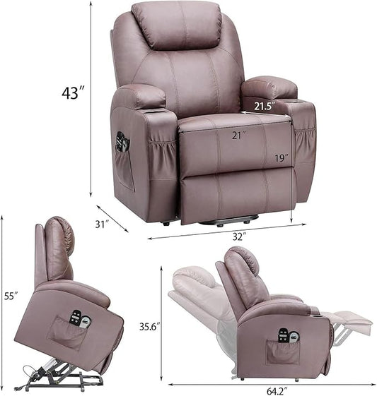 Flamaker Power Lift Recliner Chair Electric Lift Recliner for Elderly Power Lift Recliner Chair with Cup Holders Side Pockets for Living Room (Leather, Brown)