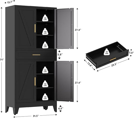 Large Metal Kitchen Pantry Cabinet with Adjustable Shelves - Freestanding Kitchen Storage Cabinet for Dining Room,Livingroom Bathroom, Hallway, Workshop, Office (Black, 71"-1 Drawer)