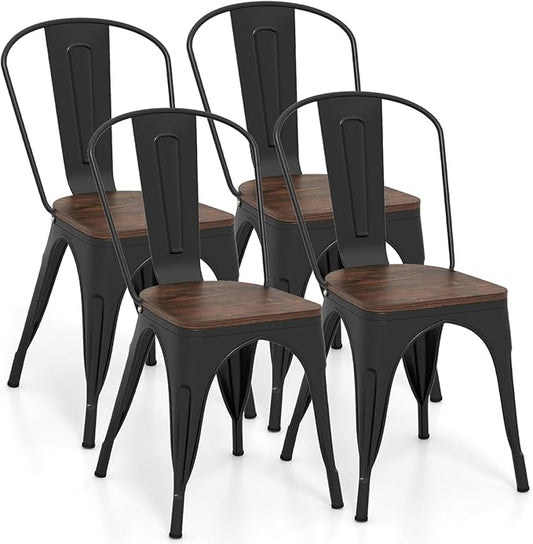 COSTWAY 18 Inch Dining Chair Set of 4, Industrial Vintage Stackable Metal Chairs, Counter Bar Chairs with High Backrest, Wood Seat, for Home, Kitchen and Cafe Bar Use