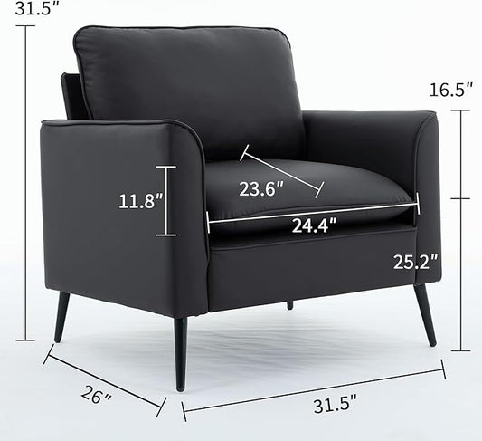 YISHENG Mid-Century Modern Living Room Accent Chairs Set of 2 - Oversized Faux Leather Armchairs with Removable Cushions & Metal Legs, Comfortable Sofas for Office/Lounge/Bedroom/Reception,（Black）
