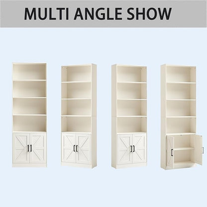 70in Tall Bookshelf 6 Tier Bookcase with Barn Doors and Adjustable Shelf, White Farmhouse Book Shelves with Storage Cabinet,Wood Floorstanding Display Bookshelve for Bedroom,Living Room,2 Piece