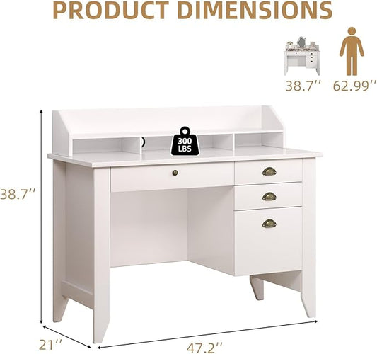 4 EVER WINNER White Desk with Drawers, Small Desk with File Drawer for Small Spaces, Writing Desk with Monitor Stand Wood Table for Home Office, White