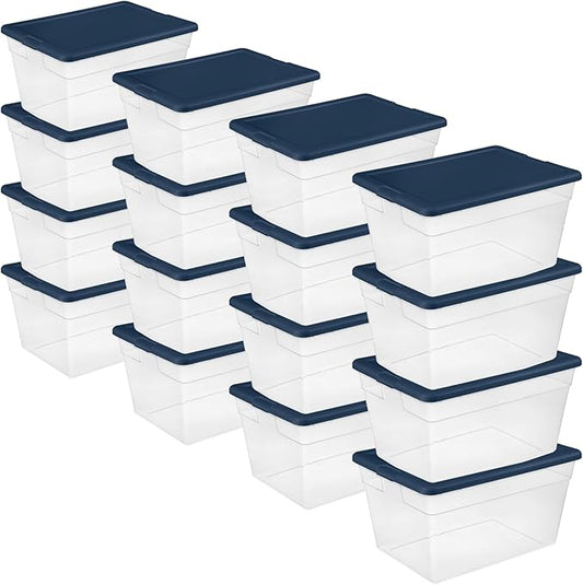 Sterilite 16-Pack Storage Box, Plastic Container Bins with Lids, 56 Quart, Marine Blue - Heavy-Duty Organizing Containers for Closet, Bathroom, and Office