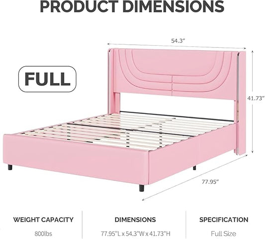 Pink Full Size Bed Frame with LED Lights, Faux Leather Upholstered Platform with Silver Wingback Headboard, Modern Style, No Box Spring Needed, Easy Assembly