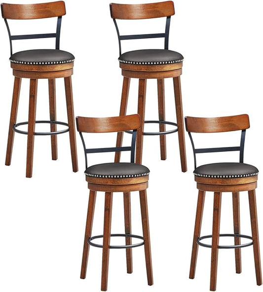 COSTWAY Bar Stools Set of 4, 360-Degree Swivel Stools with Leather Padded Seat, Single Slat Ladder Back & Solid Rubber Wood Legs, Bar Height Stools for Pub, Restaurant, Kitchen, Brown (4, 30.5)