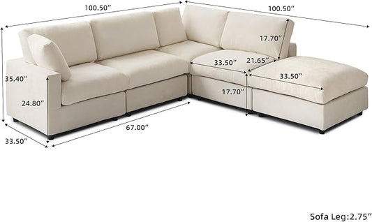 Cloud Couch Modular Sectional Sofa,134" L Shaped Couch, Oversized Convertible Wide Seater,4 Seater with Ottoman for Living Room Set, Covers Washable&Replaceable,Beige