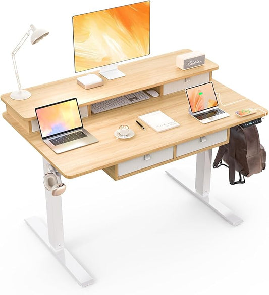 48 * 30 Inches Electric Standing Widened Desk Adjustable Height with 4 Drawers, Double Storage Shelves, Home Office Workstation Sit Stand up Desk (Nature)