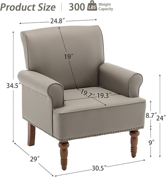 HOMEFLEX Accent Chair, Faux Leather Living Room Chairs with Nailhead Trim, Mid-Century Lounge Armchair with Solid Wood Legs, Comfy Reading Single Sofa for Bedroom, Waiting Room (Grey, 2 Chairs)