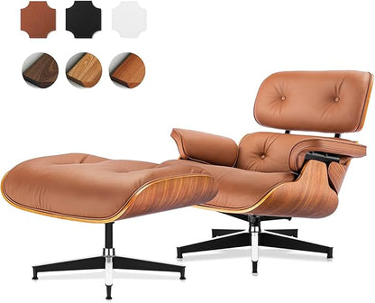 Top Grain Leather, Mid Century Chaise Lounge Chair and Ottoman, Modern Chair Classic Design, Heavy Duty Base Support for Living Room Study Lounge Office, Walnut-Brown
