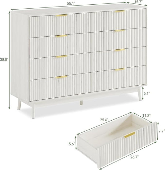 LYNSOM Fluted 8 Drawer Dresser for Bedroom, 55" Wide Modern Chest of Drawers with Curved Profile Design and Metal Handles, Wood Dresser TV Stand & Storage Organizer for Bedroom, Hallway, White