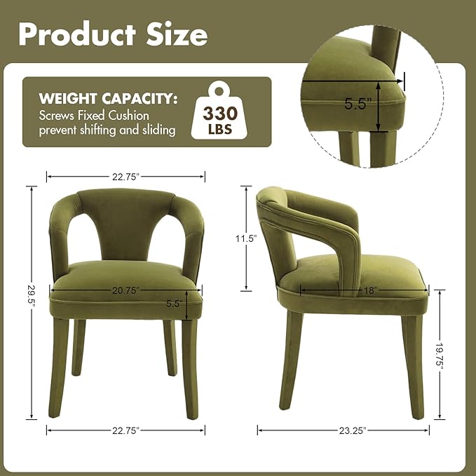Olive-Green Velvet Dining Chairs Set of 2, Modern Solid Wood Kitchen Chairs, All-Over Fabric Upholstered Side Chairs for Kitchen/Dining Room/Living Room/Restaurant