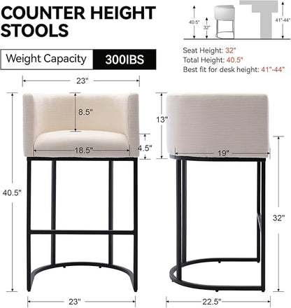 Contemporary Cream Linen Bar Stools Set of 4, 32" Upholstered Fabric Counter Height Bar Stools Kitchen Counter Island Stools with Black Metal Base