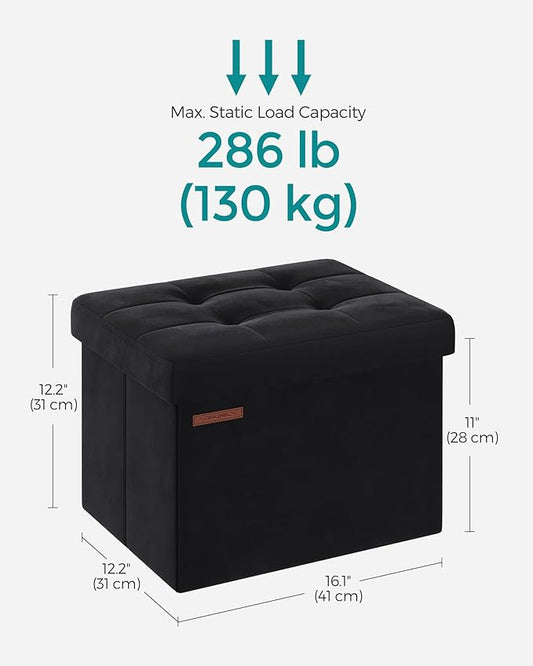 SONGMICS Storage Ottoman, Foldable Small Ottoman Foot Rest, 12.2 x 16.1 Inches Foot Stool, Ottoman with Storage, Load up to 286 lb, for Living Room, Bedroom, Dorm, Ink Black ULSF200B01