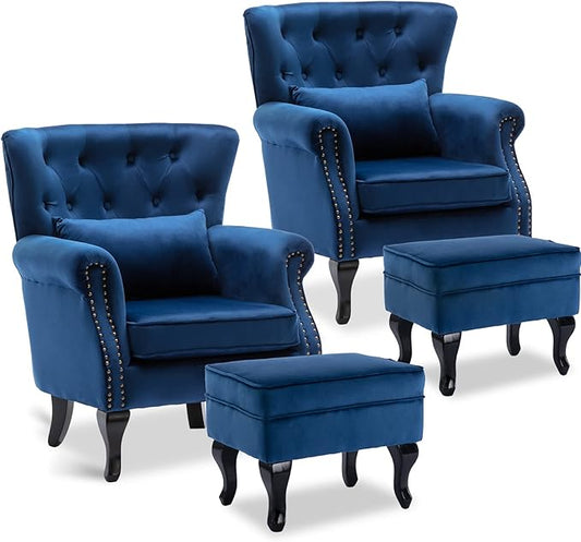 Accent Reading Arm Chairs with Ottoman Set of 2 for Living Room Bedroom, Midcentury Modern Corner Sofa Chair, Wingback Waiting Room Club Chair with Tufted Back &Lumbar Pillow, Velvet Blue