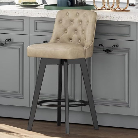 MINCETA Bar Stool, PU Leather Barstool, 30 Inch Upholstered Counter Stool with Low Tufted Back and Footrest, Swivel Counter Height Barstool for Kitchen Island Home Bar Khaki
