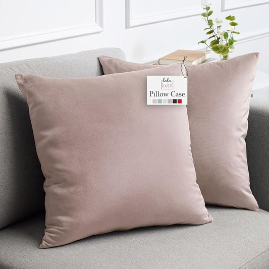 lalaLOOM Velvet Throw Pillow Covers, Set of 2, 18x18 Decorative Square Pillows Home Decor, Soft Accent Cases, Silky Machine Washable Pillowcases for Sofa, Couch, Bedroom, Living Room, Petal Pink