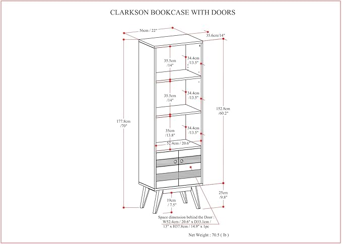 SIMPLIHOME Clarkson Bookcase - 70 inch Tall Solid Acacia Wood Storage Bookshelf in Rustic Natural Aged Brown, Contemporary Storage for Living Room, Study or Office with Open Shelves and Lower Cabinet