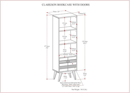 SIMPLIHOME Clarkson Bookcase - 70 inch Tall Solid Acacia Wood Storage Bookshelf in Rustic Natural Aged Brown, Contemporary Storage for Living Room, Study or Office with Open Shelves and Lower Cabinet