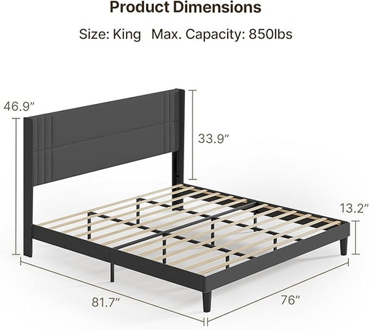 Gizoon King Size Bed Frame, Wingback Upholstered Platform Bed with Steel Frame, Wooden Slats, Noise-Free, No Box Spring Needed