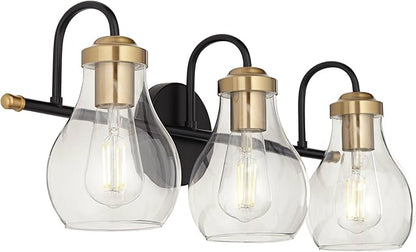 Possini Euro Design Brade Industrial Modern Wall Light Black Gold Hardwired 22 3/4" 3-Light Fixture Clear Glass Shades for Bedroom Bathroom Vanity Reading Living Room Hallway House Home Decor