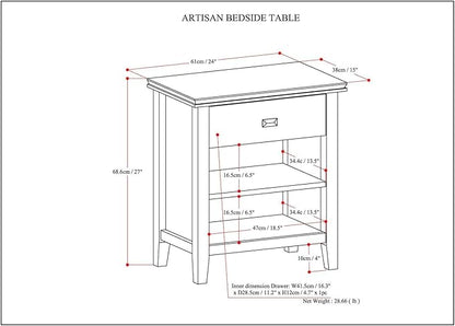 SIMPLIHOME Artisan Bedside Table - 24 inch Wide Solid Wood Nightstand Table in Distressed Grey, Contemporary Bedroom Side or End Table with 1 Drawer, Open Shelf Storage and Bronze Knobs