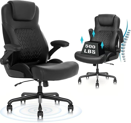 Ergonomic Executive Office Chair for Big & Tall - 500lbs Capacity with Lumbar Support & Flip-Up Armrests, Heavy Duty PU Leather Computer Desk Chair, Black