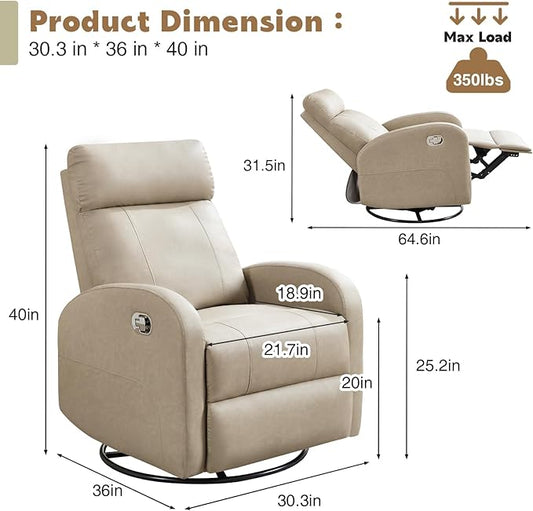 Swivel Rocker Recliner Chair, Manual Leather Recliner, Glider Rocking Recliners 360°Swivel Nursery Reclining Chairs for Living Room, Khaki