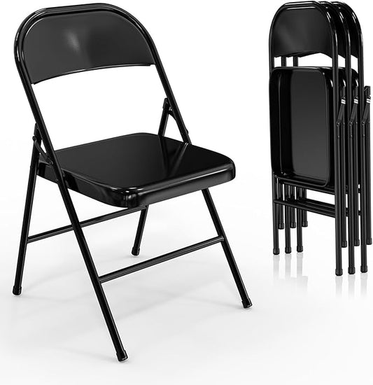 VINGLI Folding Chairs All Steel Metal Frame, Capacity 350 lbs, Durable Portable and Versatile for Indoor Outdoor Use, Black, Set of 4
