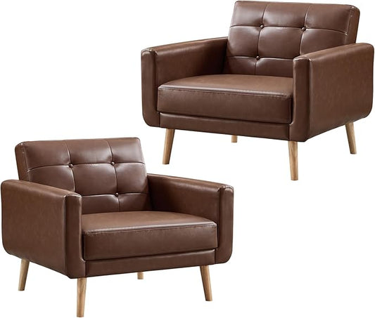 CANMOV 29" W Oversized Leather Accent Chair Set of 2, Armchair Button Back, Mid Century Modern Accent Chairs for Living Room, Modern Upholstered Bed Room Chair Cozy Armchair with Wood Legs, Brown