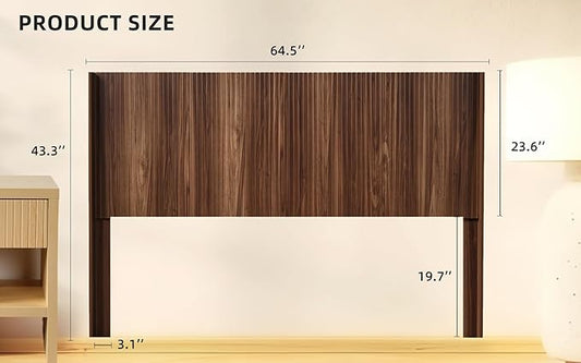 KEIKI Wooden Queen Size Headboard Only, 64.5" Wide Farmhouse Headboards with Wall Mounted Fluted Panel & Wingback for Bedroom, Walnut Brown