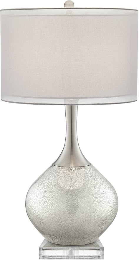 Possini Euro Design Swift Modern Table Lamp 32" Tall with USB Dimmer Square Riser Mercury Glass Chrome Neck Double Drum Shade for Bedroom Living Room House Bedside Nightstand Office Entryway Family
