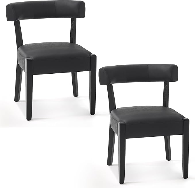 Modern Black Dining Chairs Set of 2, Faux Leather Upholstered Kitchen & Dining Room Chairs, Mid Century Modern Wooden Dining Chairs Oversized Sturdy Rounded Chairs Curved Back