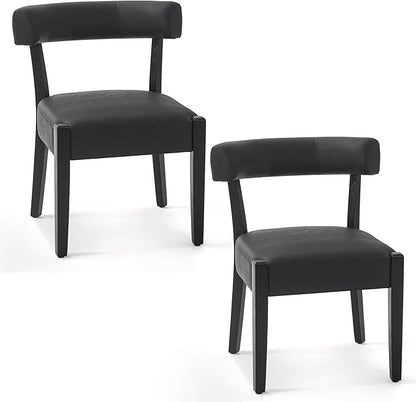 Modern Black Dining Chairs Set of 2, Faux Leather Upholstered Kitchen & Dining Room Chairs, Mid Century Modern Wooden Dining Chairs Oversized Sturdy Rounded Chairs Curved Back