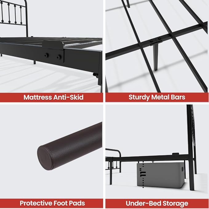 Golden Gate Beds Vintage Style Metal Bed Frame with Wrought Iron Headboard and Footboard, Classic Platform Bedframe with Storage, No Box Spring Needed, Mattress Foundation, Black, Full Size