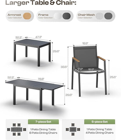 Expandable Outdoor Patio Dining Table Set for 6-8 Person, Aluminum Outdoor Table and 6 Chairs with Textilene Fabric & HDPS Armrest, All-Weather Patio Furniture Set for Yard, Garden, Gray