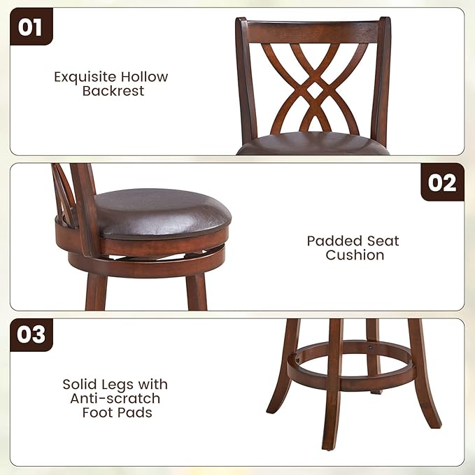 COSTWAY Bar Stools Set of 2, 360° Swivel Chairs with Rubber Wood Frame, 26 Inches PU Leather Cushioned Seat and Footrests, for Kitchen Island, Dining Room, Bar (Brown-26 inches, 2 stools)