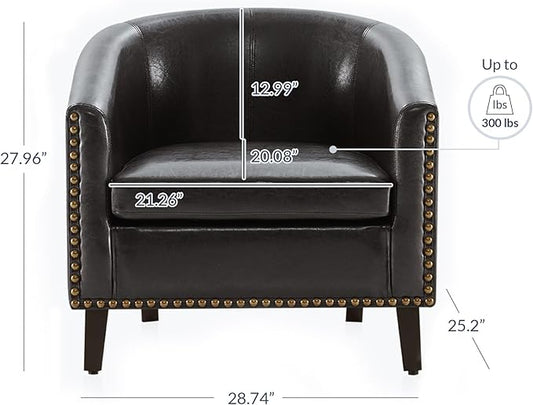BELLEZE Accent Barrel Chair, Modern Faux Leather Tub Club Chair Upholstered Armchair with Gold Nail Head Trim and Black Legs for Living Room Bedroom Apartment Lounge - Dark Brown