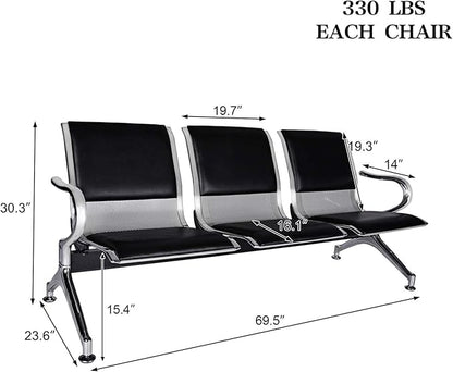 Kinsuite 3-Seat Waiting Room Bench - PU Leather Waiting Room Chairs with Arms & Non-Slip Foot Mats, Reception Chairs Guest Chair for Office Airport Bank Salon, Black
