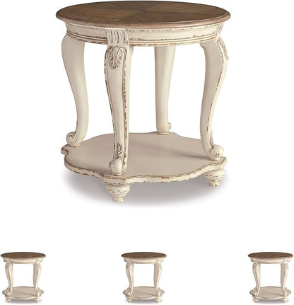 Signature Design by Ashley Realyn Cottage Style Round End Table, Fixed Lower Shelf, Antiqued 2-tone, Finish, Wood, 26" W x 26" D x 25.88" H, White and Brown