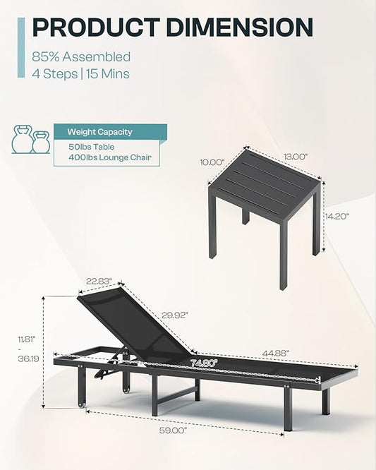 Pool Lounge Chairs Set of 3 (2 Loungers + 1 Side Table)，Outdoor Lounge Chairs with Wheels and 5-Position Recliner, Aluminum Patio Lounge Chair for Poolside, Deck (Black)