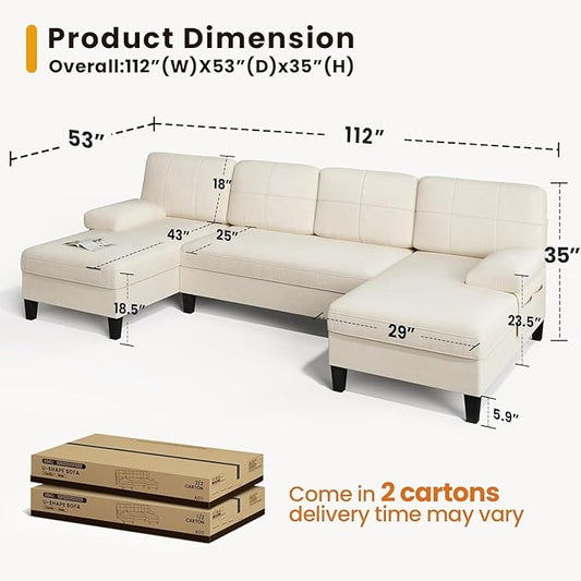 KKL Sectional Sofa Couch for Living Room, 112 Inches U Shaped Couch with Storage, Home Sofas with Chaise, Modern Comfy Couches for Apartment, Living Room Furniture, Chenille (Beige, U Shape)