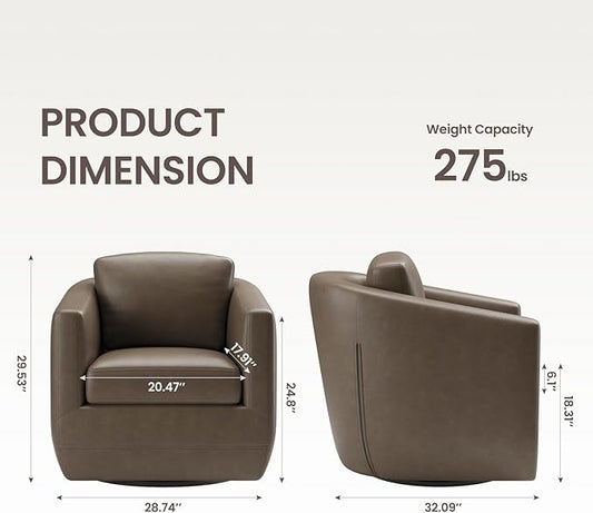 COLAMY 360° Swivel Accent Chair with Pillow, Leather Living Room Armchair No-Sag Foam & Sturdy Metal Base, Fully Assembled Swivel Accent Single Sofa for Bedroom Living Room, Reading Room, Wolf Grey