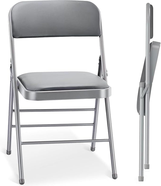 cyclone sound 2 Pack Folding Chairs with PU Padded Cushion and Back, Commercial Grade Metal Chairs with Comfortable PU Leather Cushion for Home and Office, for Indoor and Outdoor Events (2, Gray-PU)