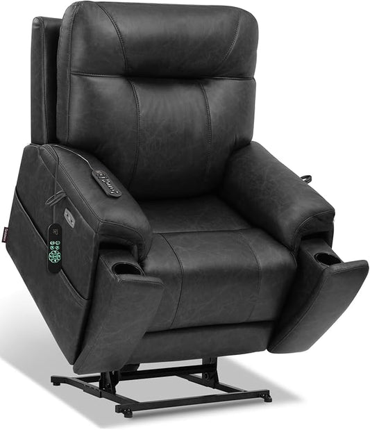 EONIX Triple Motor Lay Flat Power Lift Recliner Chair for Elderly, 400lbs Electirc Lift Chair for Living Room, Independent Adjustable Lumbar, Extended Footrest, Hidden Cup Holders, Charcoal Black