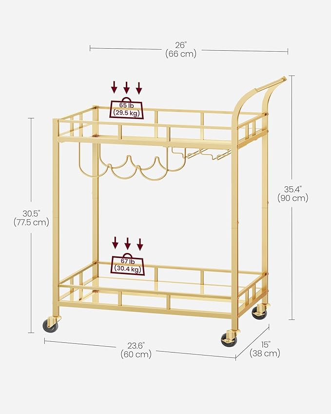 VASAGLE Bar Cart Gold, Home Bar Serving Cart, Wine Cart with 2 Mirrored Shelves, Wine Holders, Glass Holders, for Kitchen, Dining Room, Gold ULRC092A62