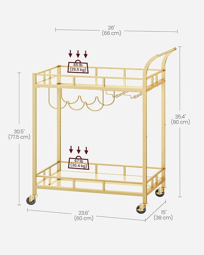 VASAGLE Bar Cart Gold, Home Bar Serving Cart, Wine Cart with 2 Mirrored Shelves, Wine Holders, Glass Holders, for Kitchen, Dining Room, Gold ULRC092A62